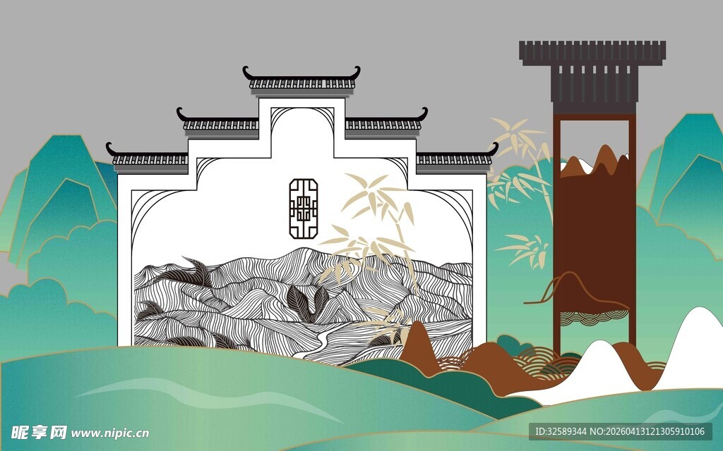 徽派建筑山水意境图