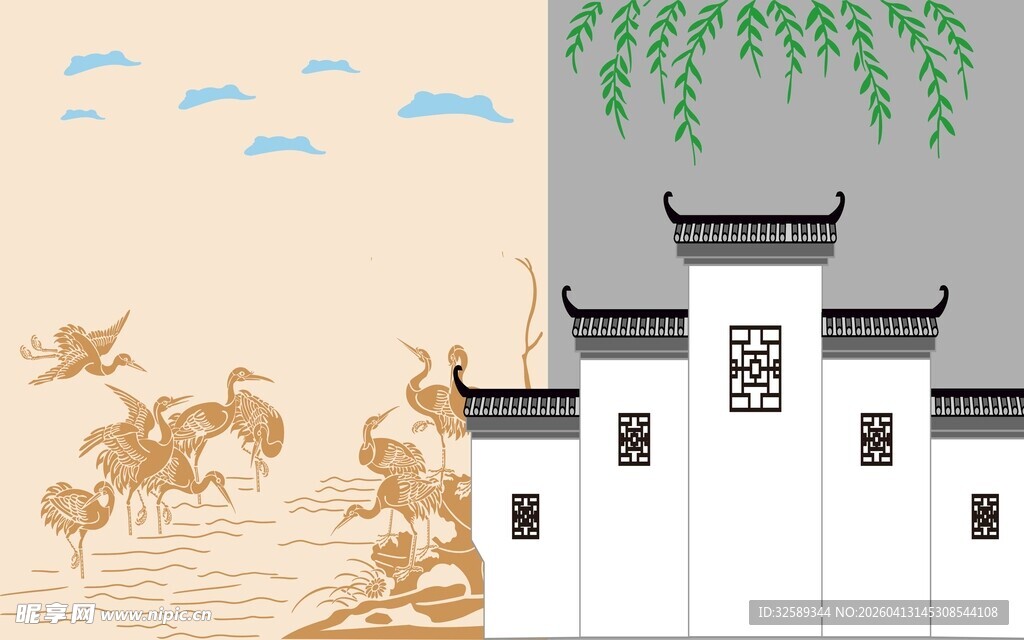 徽派建筑旁的飞鸟景致