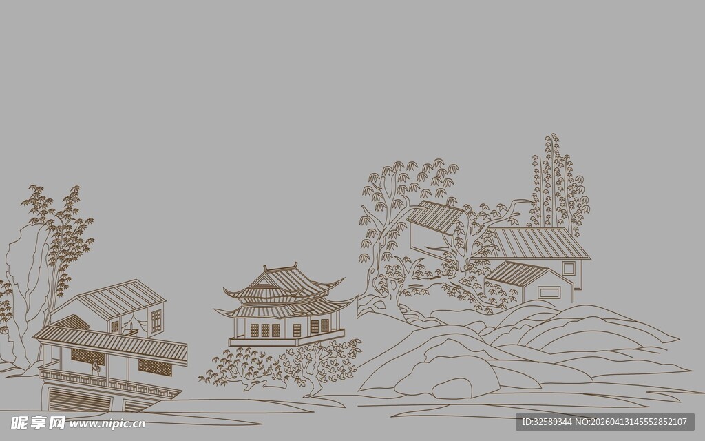 中式山水古建筑风景图