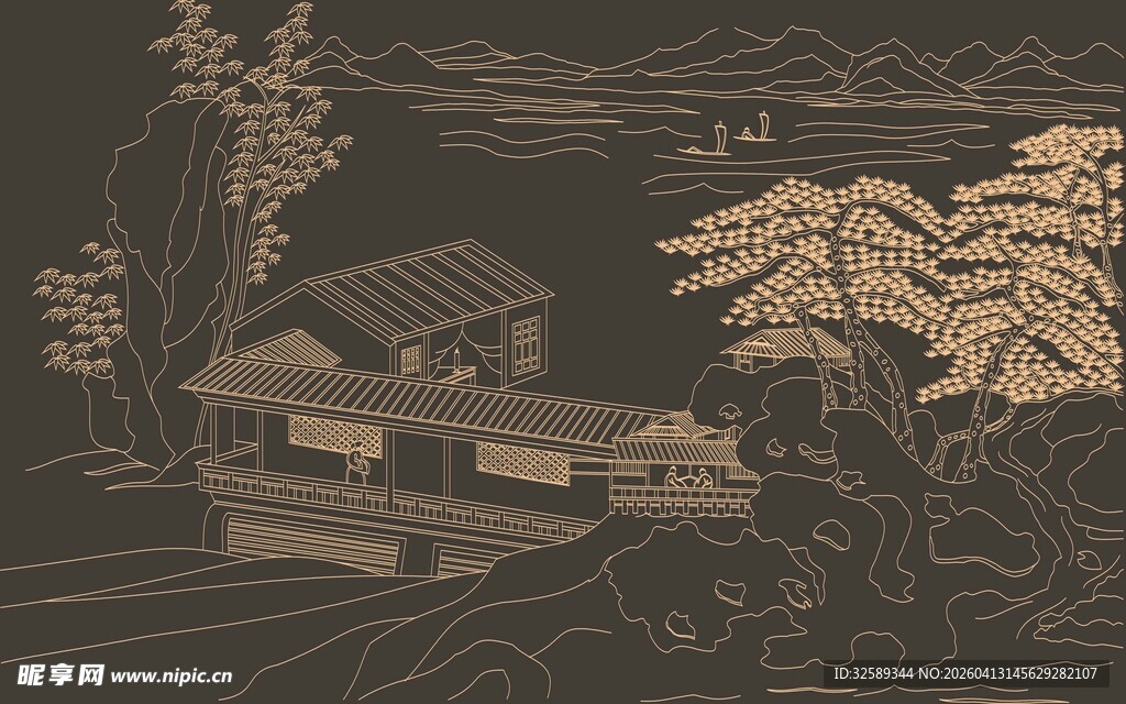 中式古风山水庭院图景