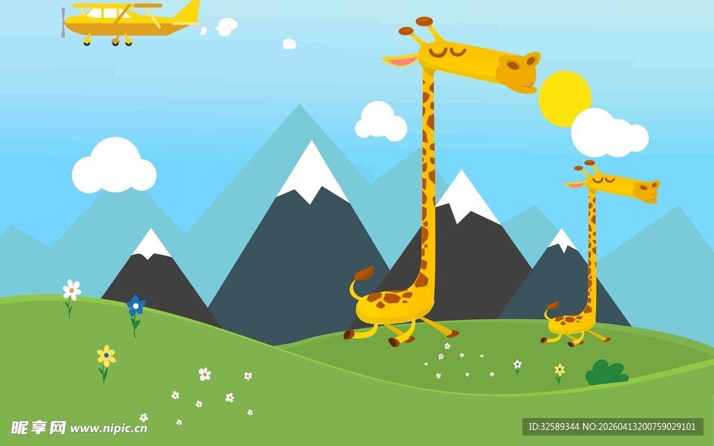 草原上的长颈鹿与远山