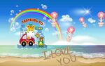 海边童趣小车与动物的欢乐场景