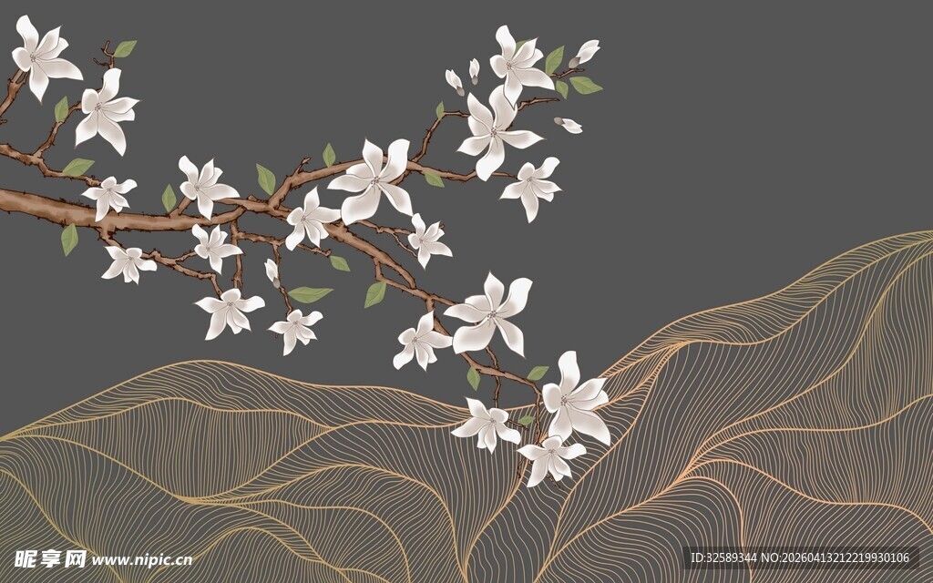 水墨花枝与山峦意境图