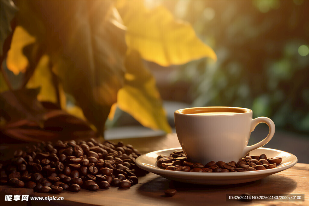 阳光下的咖啡与咖啡豆