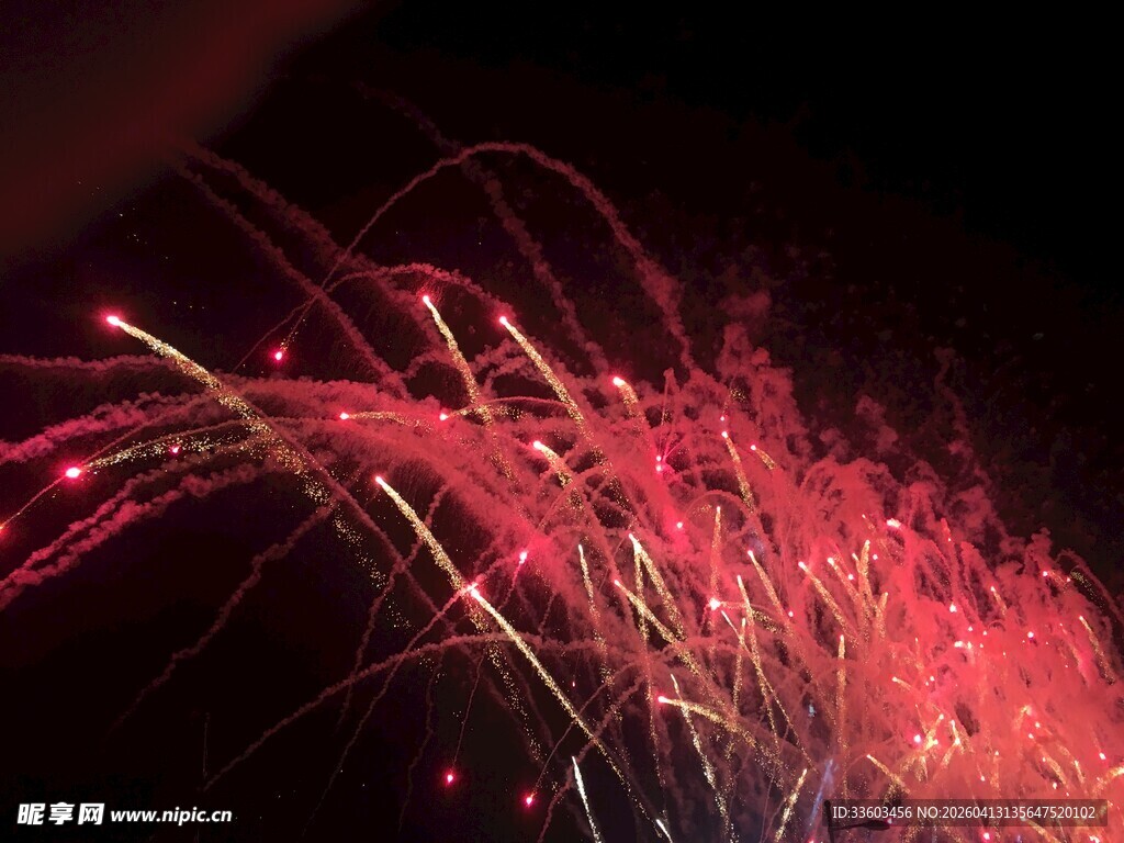 夜空中绚烂的红色烟花