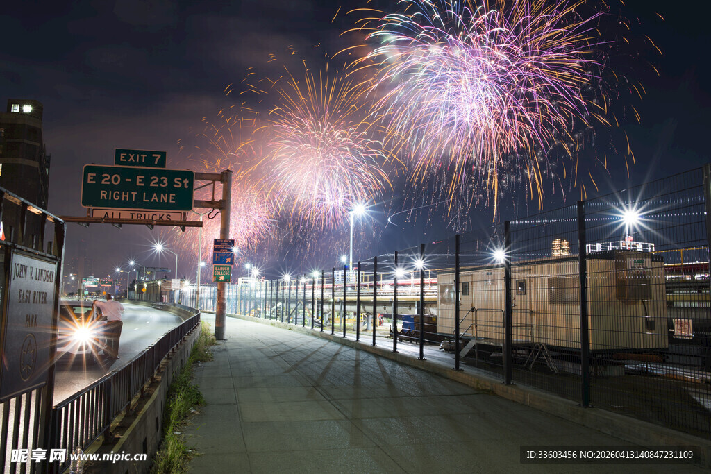 城市夜景中的绚烂烟花绽放