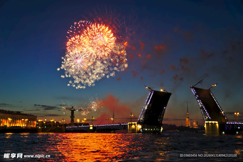 夜幕下大桥上的绚烂烟花