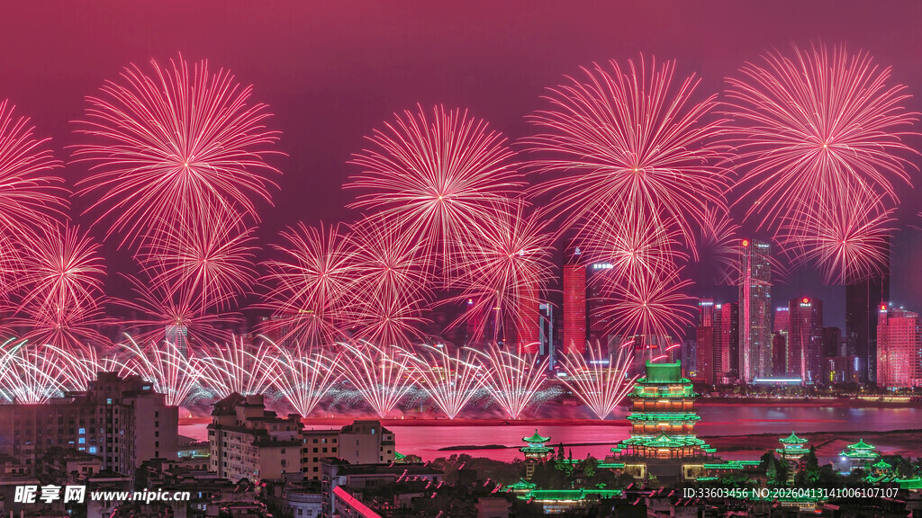 城市夜空绚烂烟花绽放