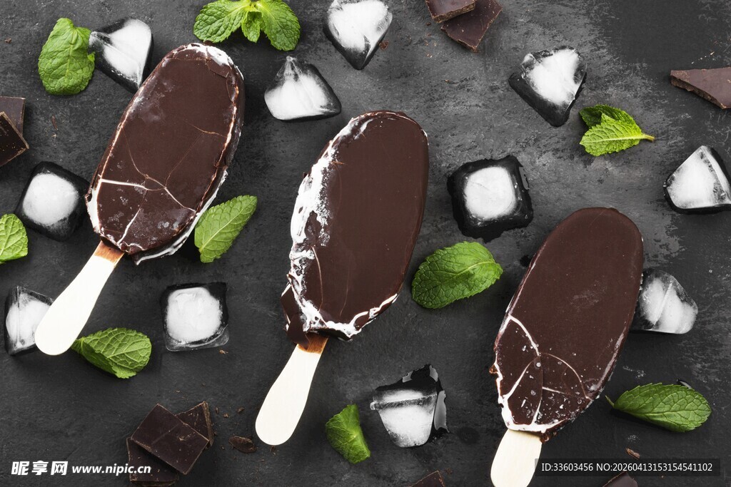 巧克力冰棍配薄荷与冰块