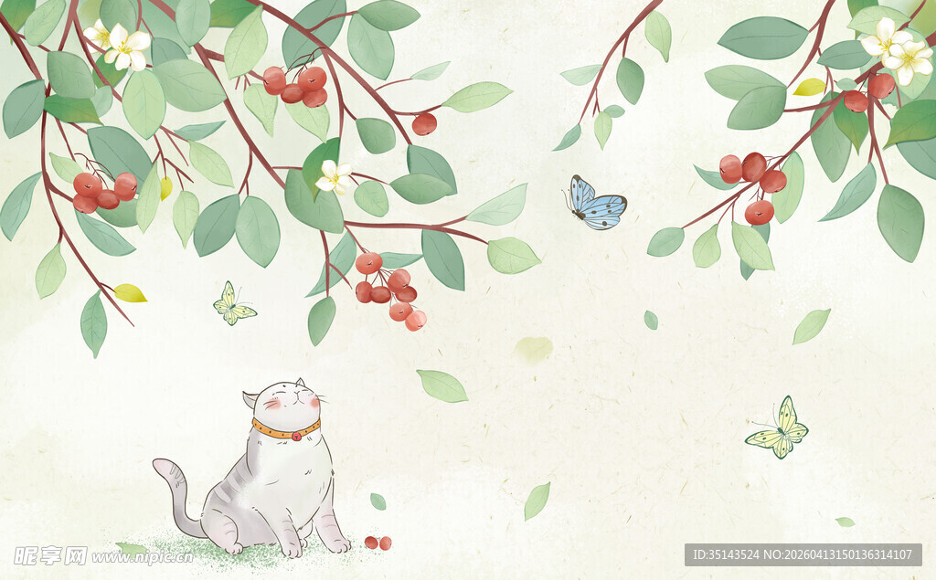 猫咪在缤纷果枝下的惬意时光