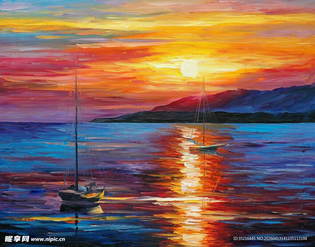 海上日落帆船美景