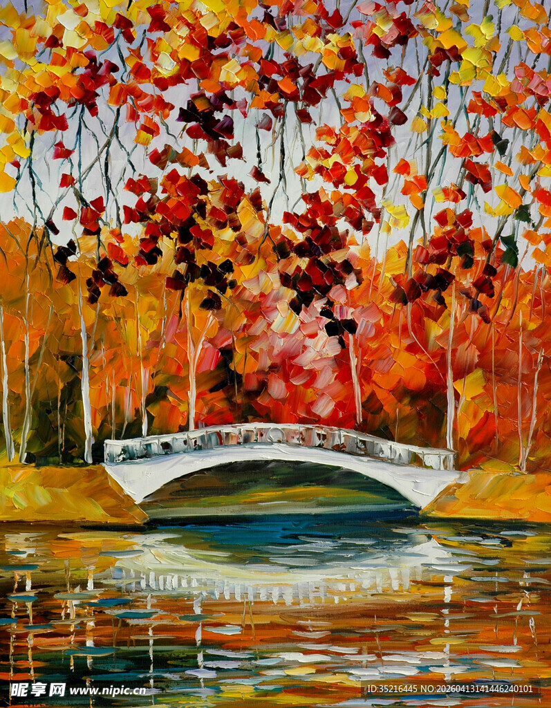 秋日湖畔拱桥绚丽风景