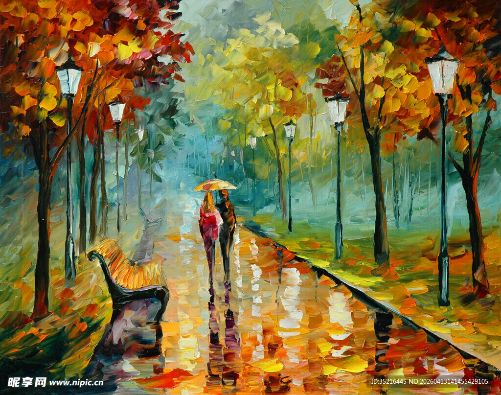 秋日雨中漫步的浪漫景象