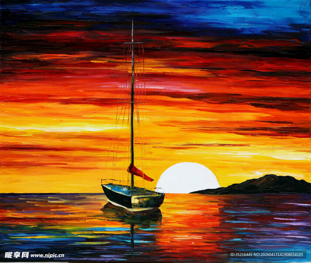 夕阳下的海上孤舟