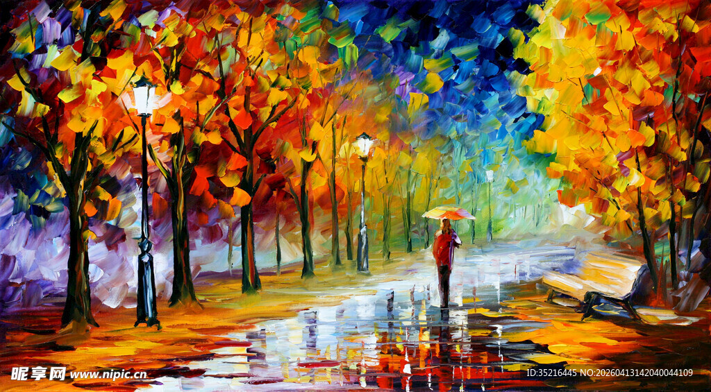 秋日街头浪漫油画风景