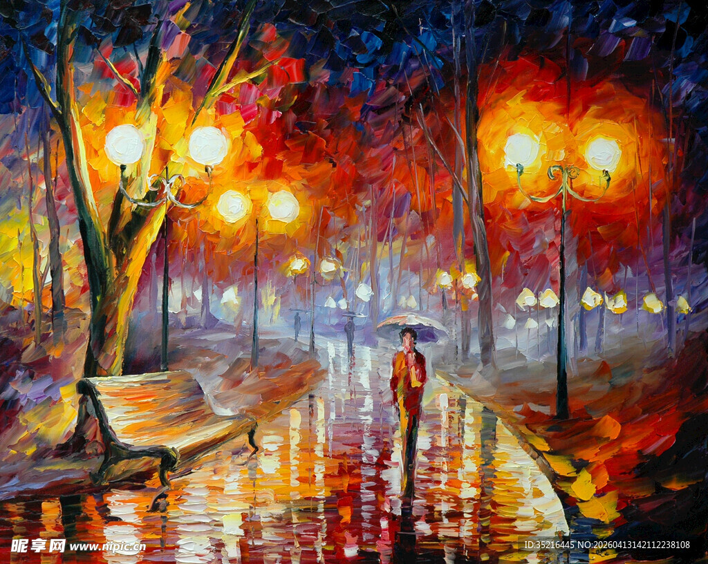 雨夜街头撑伞漫步之景