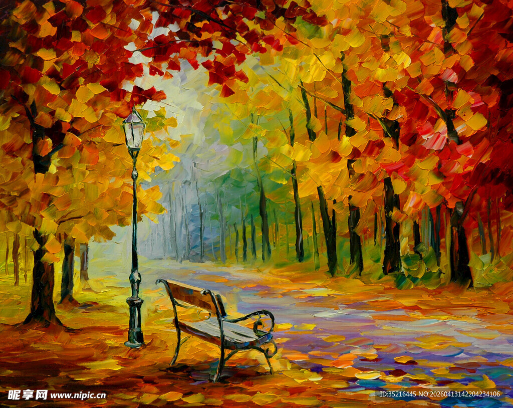 秋日林荫下的静谧长椅