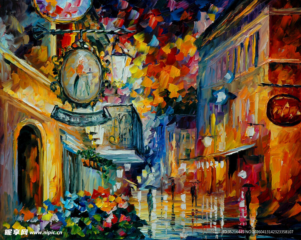 梦幻街头夜景油画