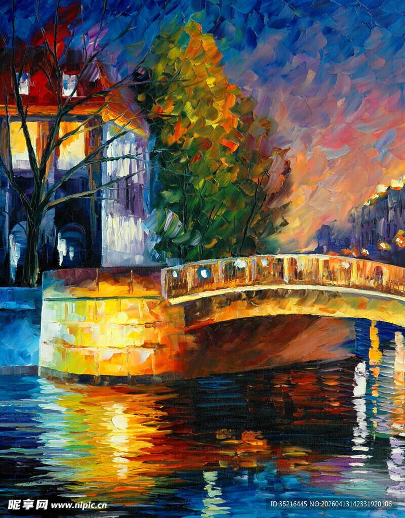 河畔桥景油画