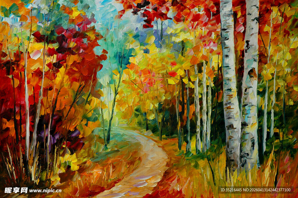 秋日林间小径油画美景