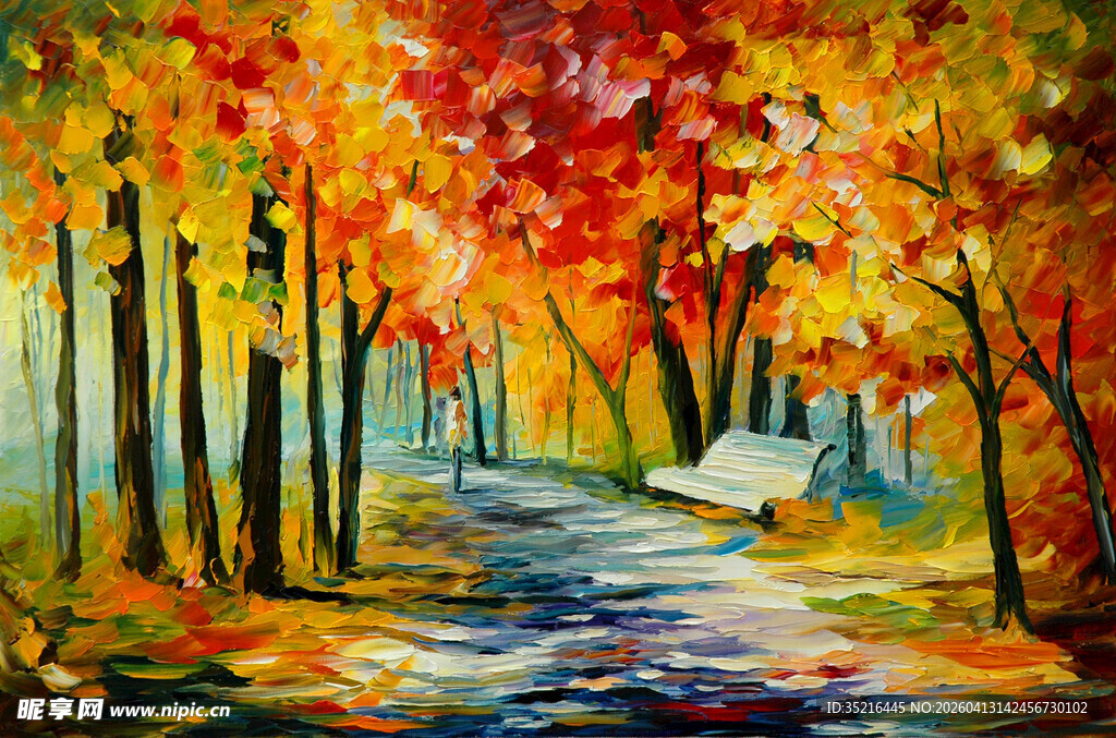 秋日林间小路油画风景