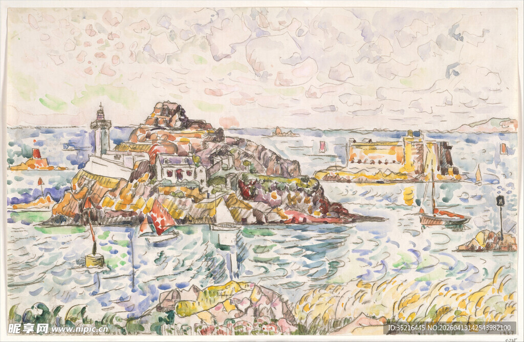 海边小镇风景油画
