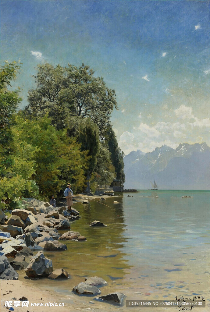 岸边绿树与岩石
