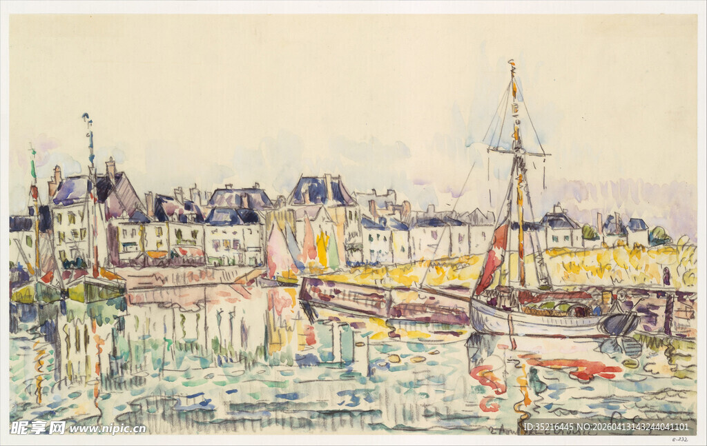 港口船只风景绘画作品