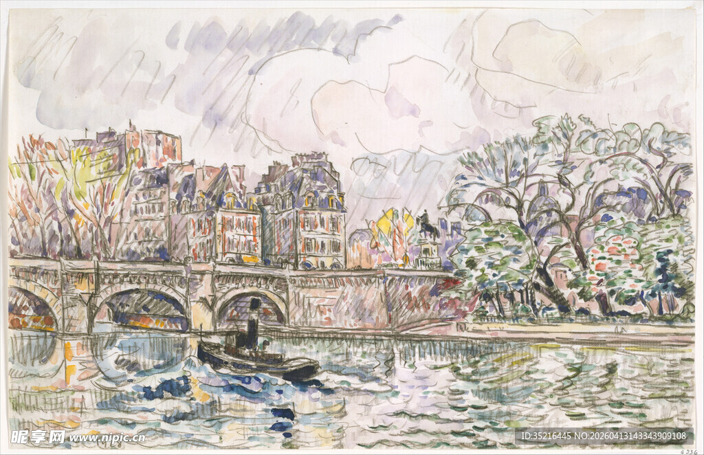 河畔桥梁风景水彩画