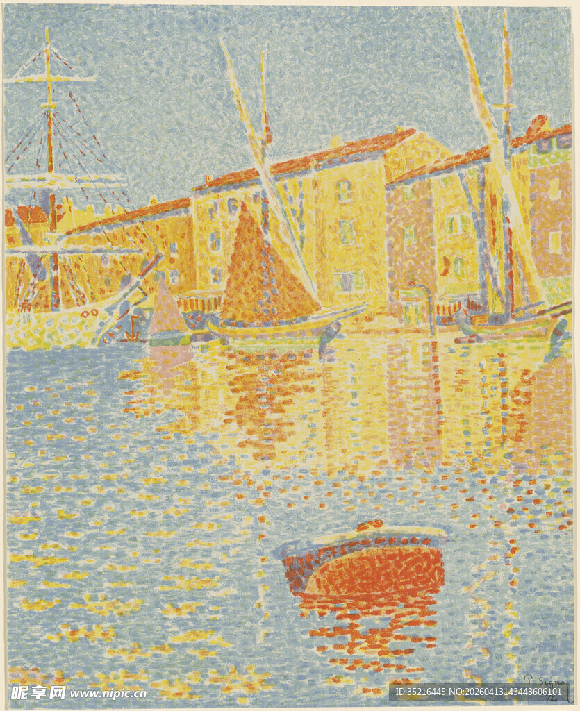 河畔船只风景油画