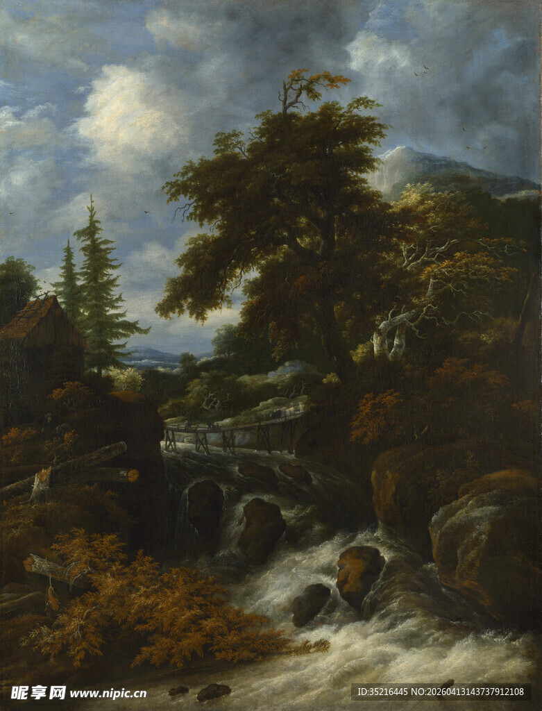 溪边树林风景油画