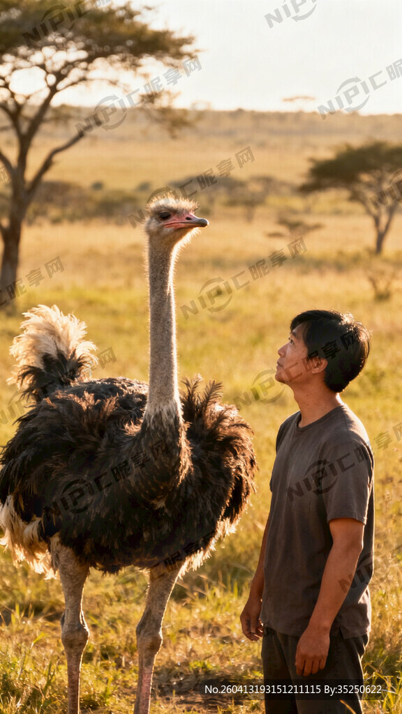 站着和鸵鸟拍照的图片