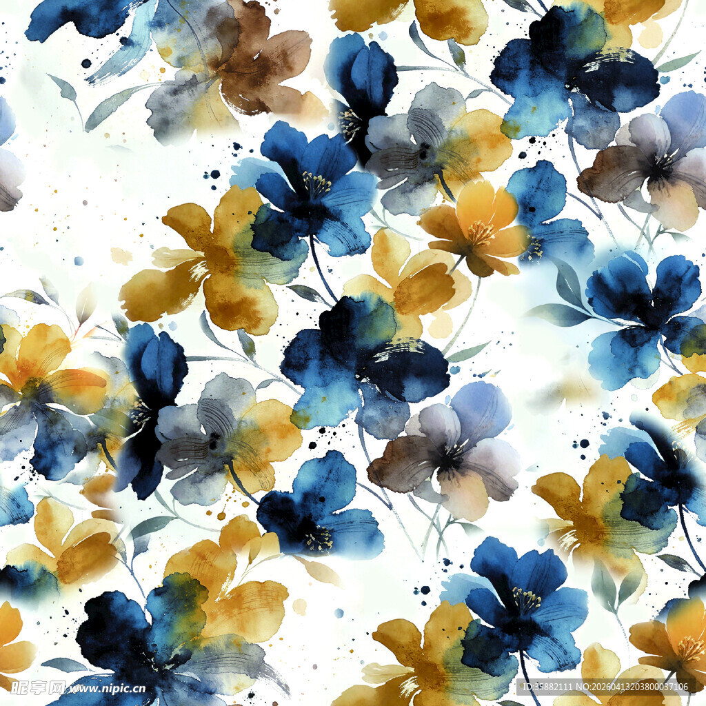 蓝黄花卉水彩图案背景