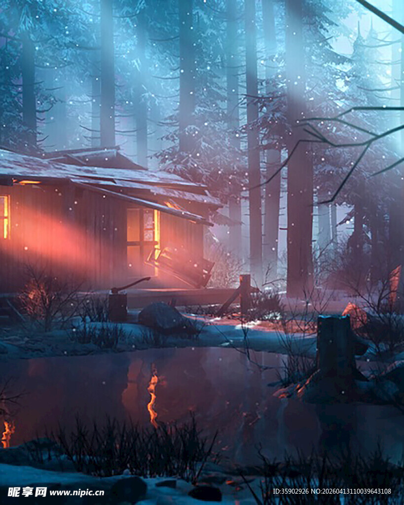 雪夜林中灯火摇曳小屋