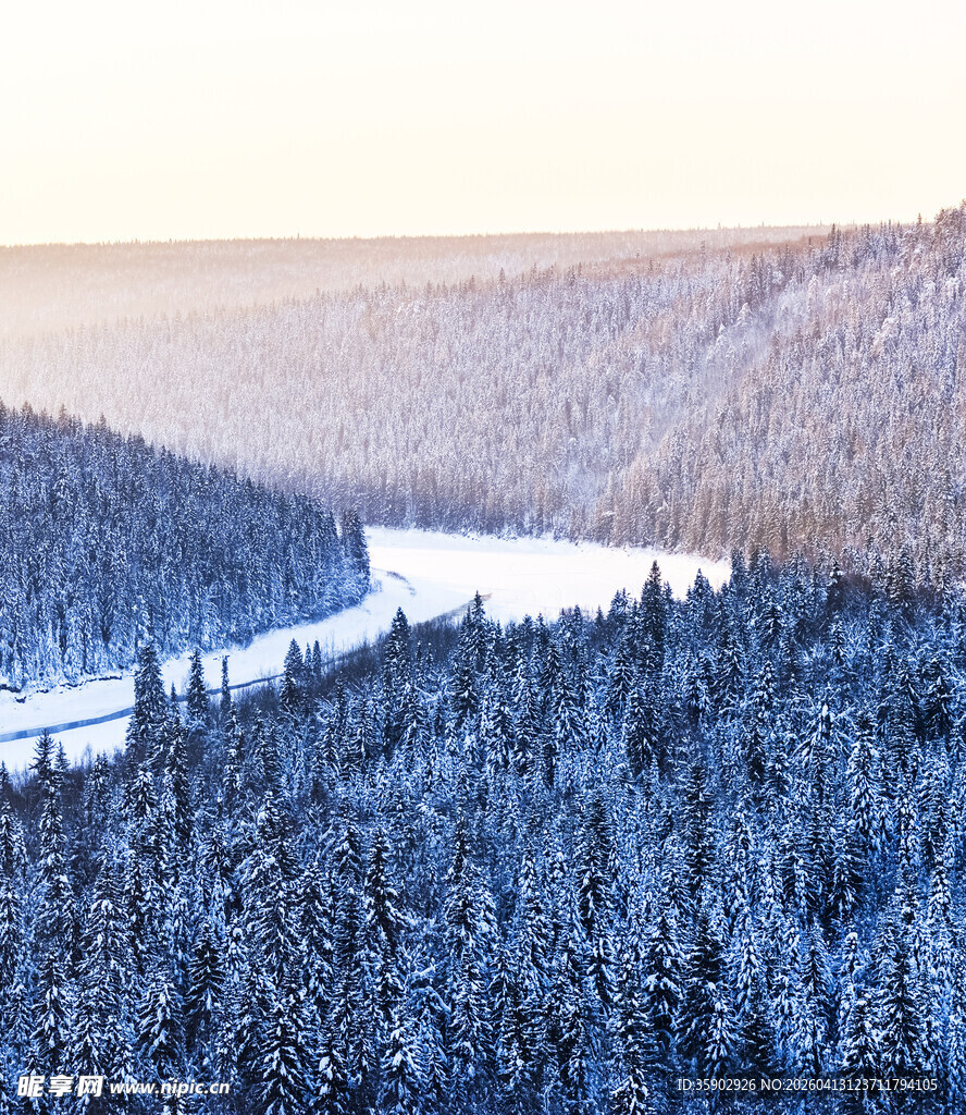 冬日雪覆山林间的静谧美景