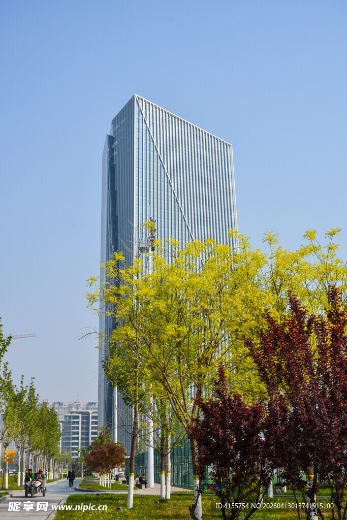 城市中高楼与多彩树木景观