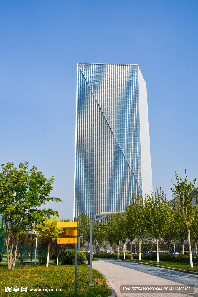 现代高楼旁的绿化道路