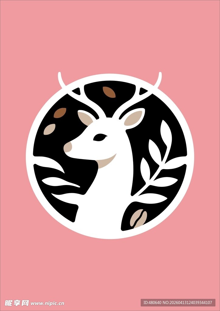 简约鹿头树叶装饰图案