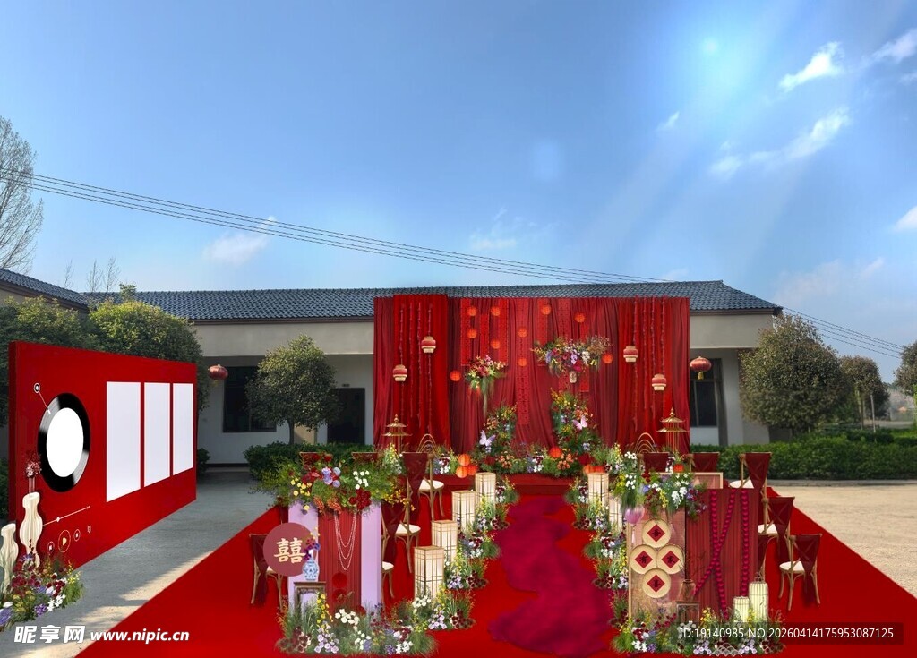 红色中式庭院户外婚礼主舞台效果