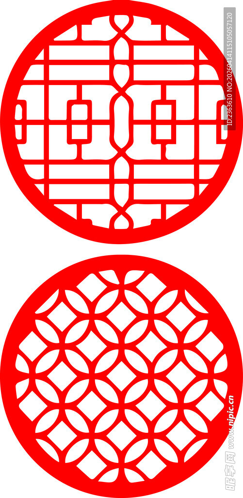 中式红色镂空圆形窗棂图案