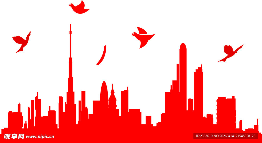 红色都市剪影与飞鸟