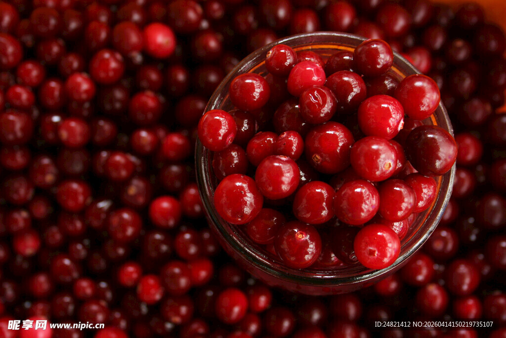 玻璃碗中的鲜红樱桃