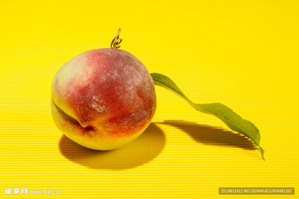黄底上的鲜桃与绿叶