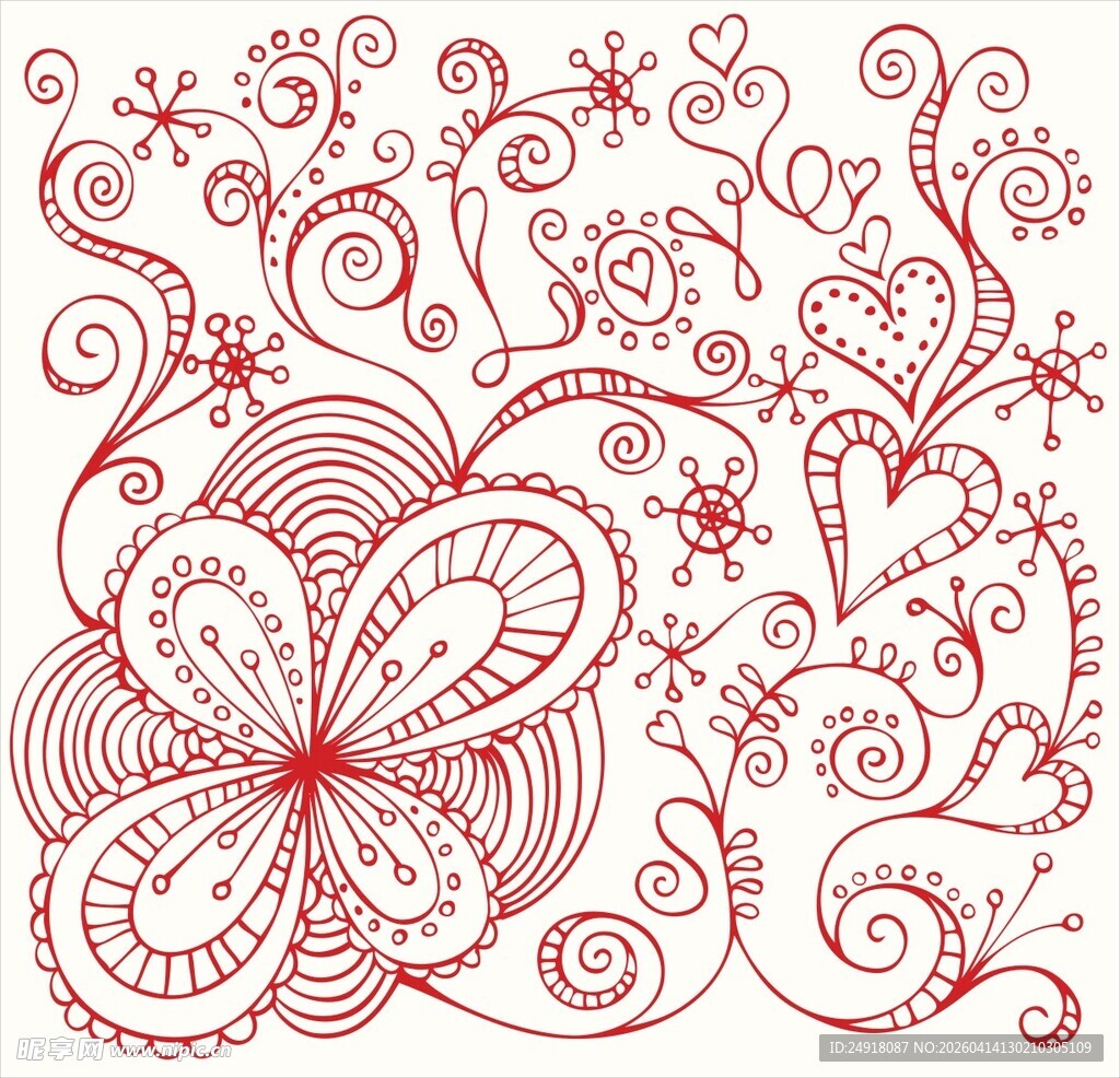 红色手绘花卉藤蔓装饰图案