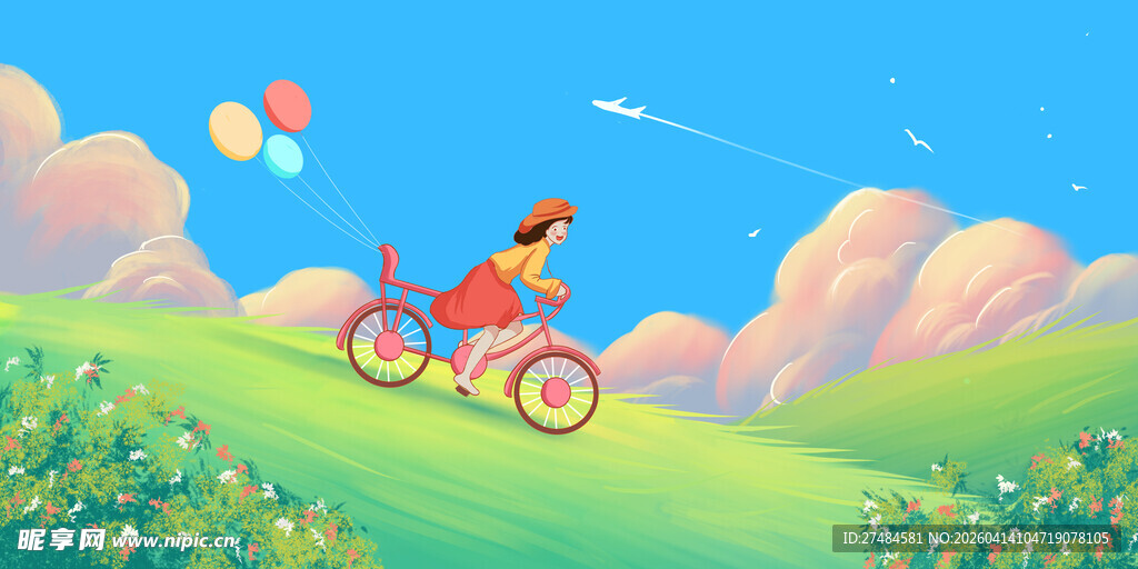 女孩骑行在美丽田园间