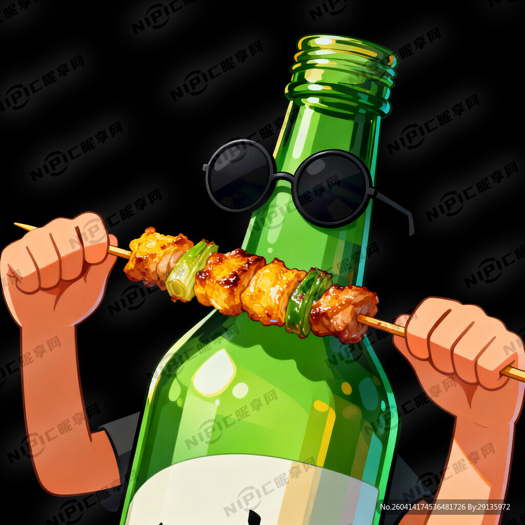 绿色酒瓶带着墨镜拿着烤串的图片