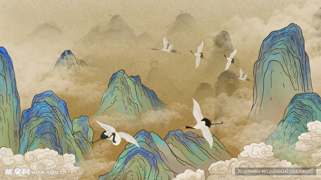 中国风仙鹤山水背景