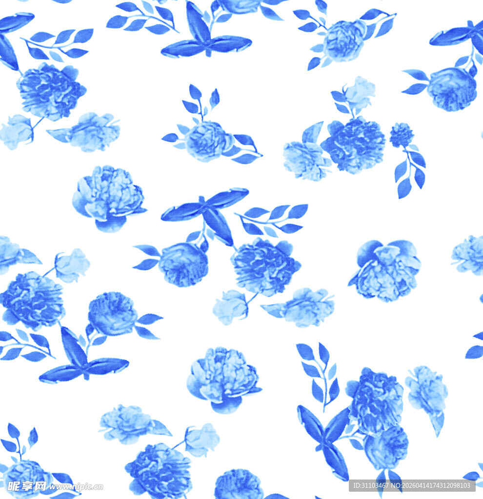 蓝白花卉水彩图案背景
