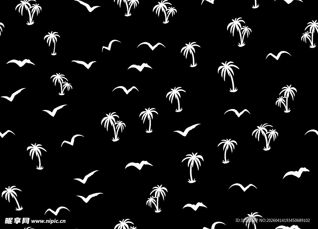 黑色背景上的棕榈树与飞鸟图案