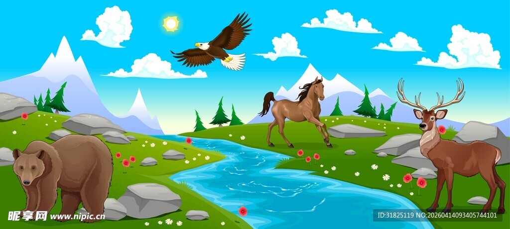 美丽山野河畔动物风景图